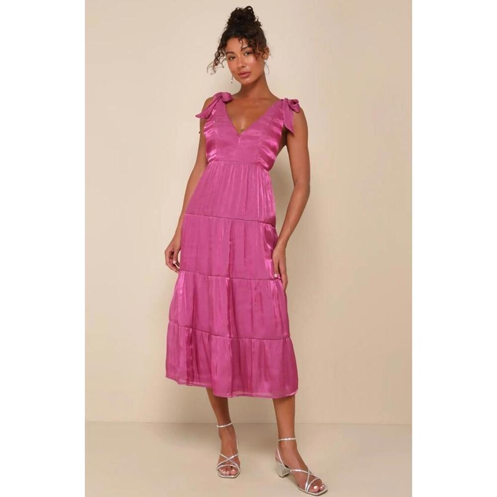 Exemplary‎ Shine Magenta Tie-Strap Tiered Midi Dress - NWT